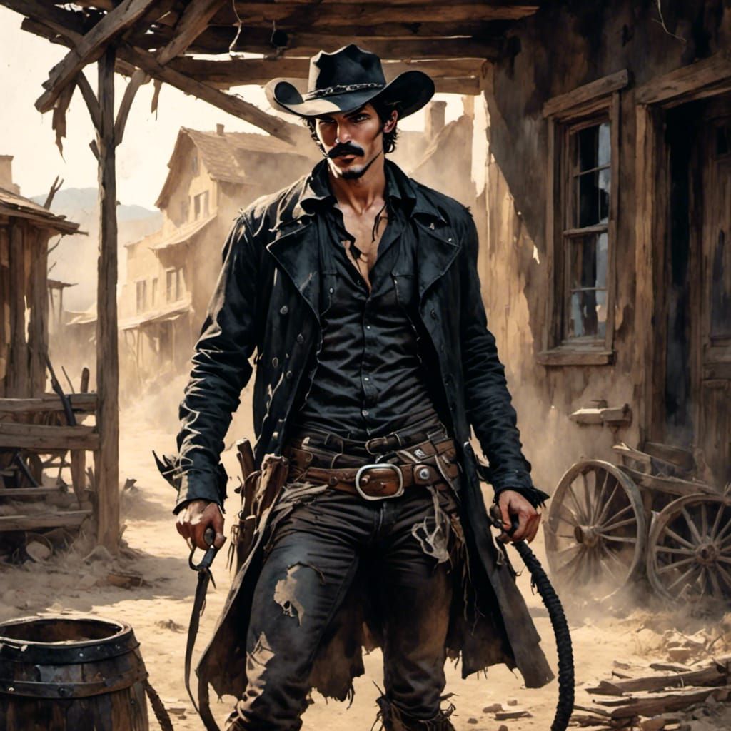 Vintage Cowboy Cracking Whip in Western Town