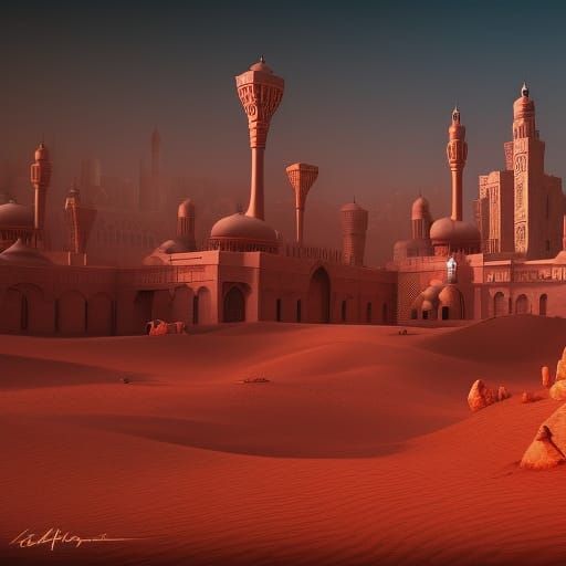 Arabian City on Red Desert: Detailed Matte Painting