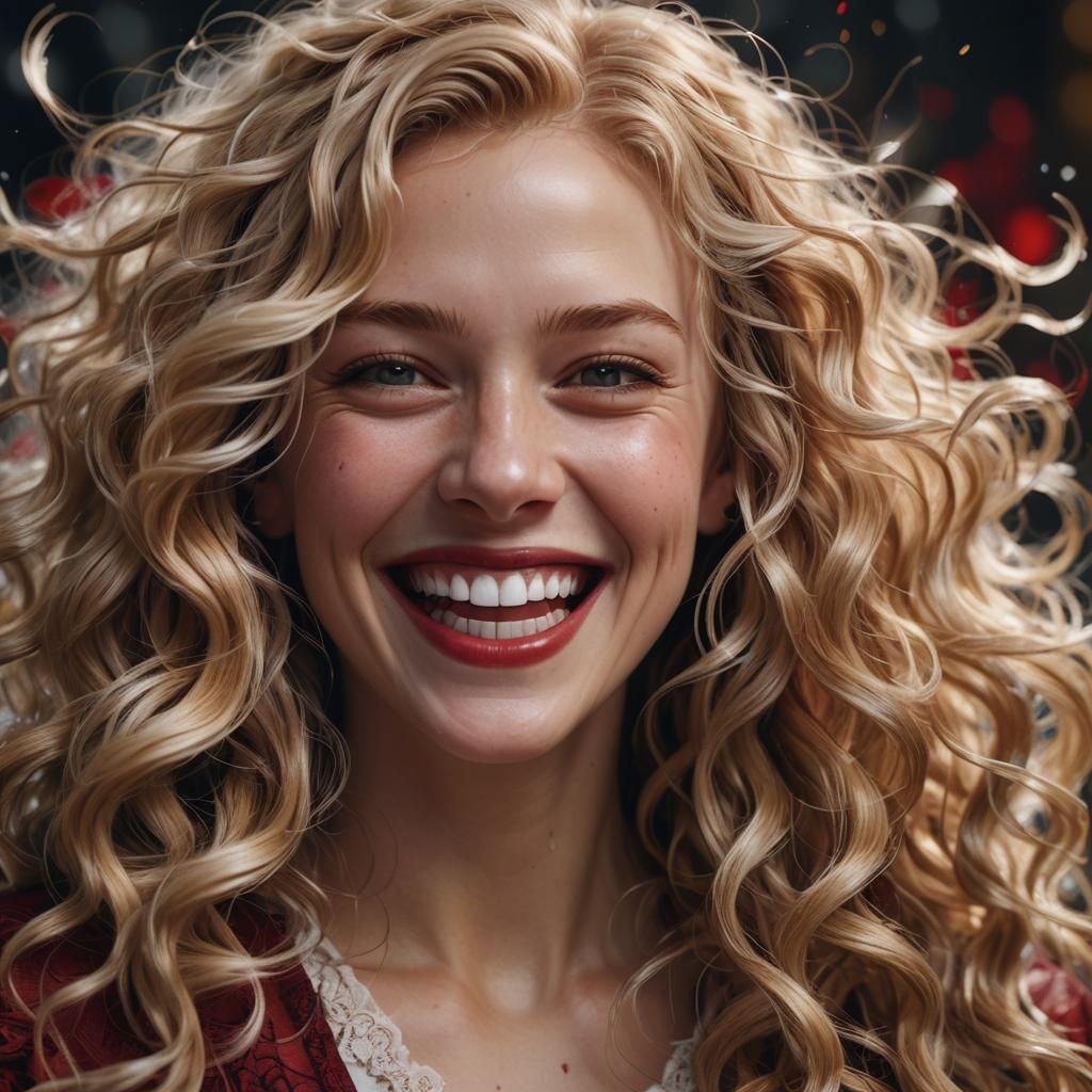 Laughing Blonde Woman Close-Up Portrait in Detailed Matte Pa...