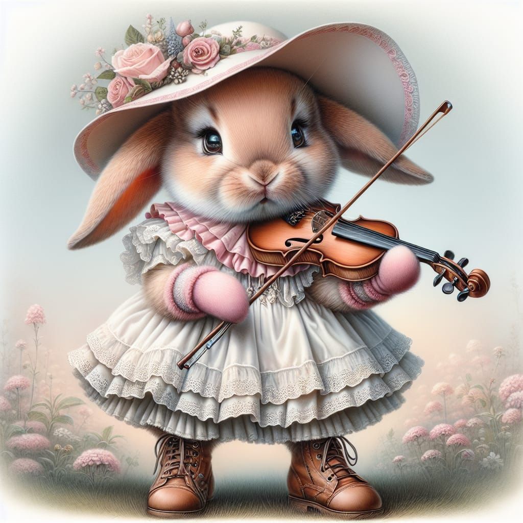 Vintage Bunny Violinist in Airbrush Style Digital Art
