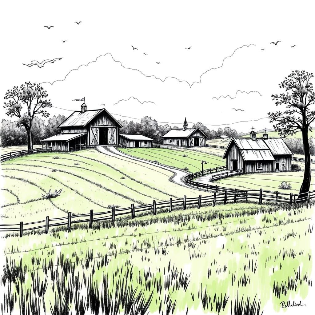 Rustic Farm in Stylized Black and White Sketch
