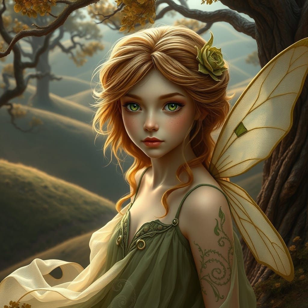 "A photographically-realistic digital painting of a whimsical fairy, showcasing her delicate features, striking green ey...