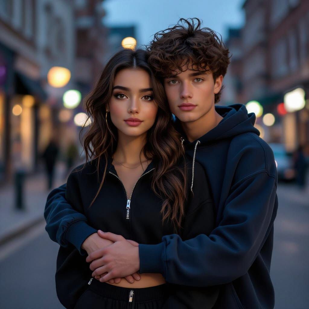 Couple Hugging on Evening Street in Photorealistic Style