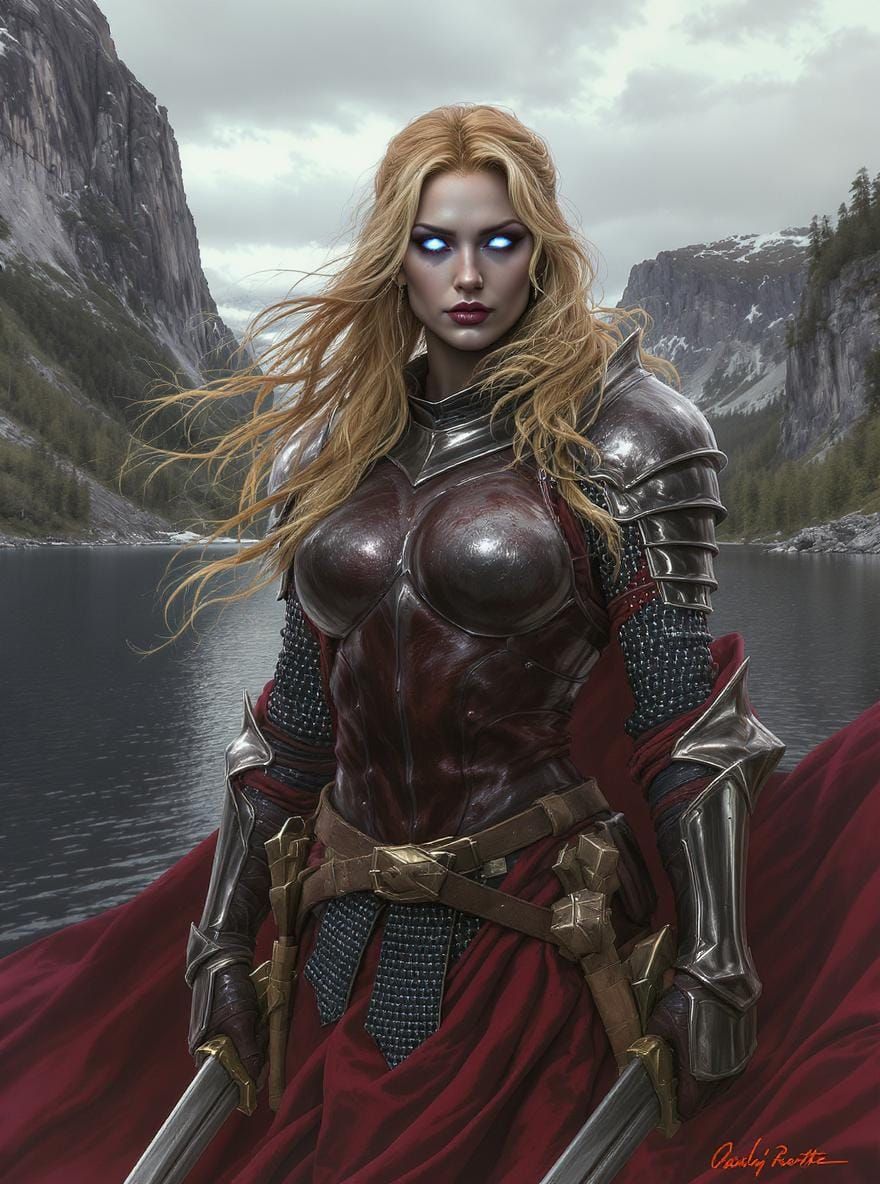 Hyperrealistic Knight with Glowing Eyes in Fjord Landscape