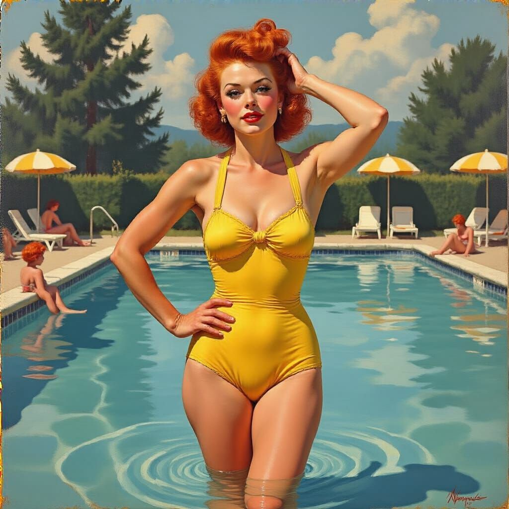Retro Pin-Up Girl by Swimming Pool, Rockwell Style