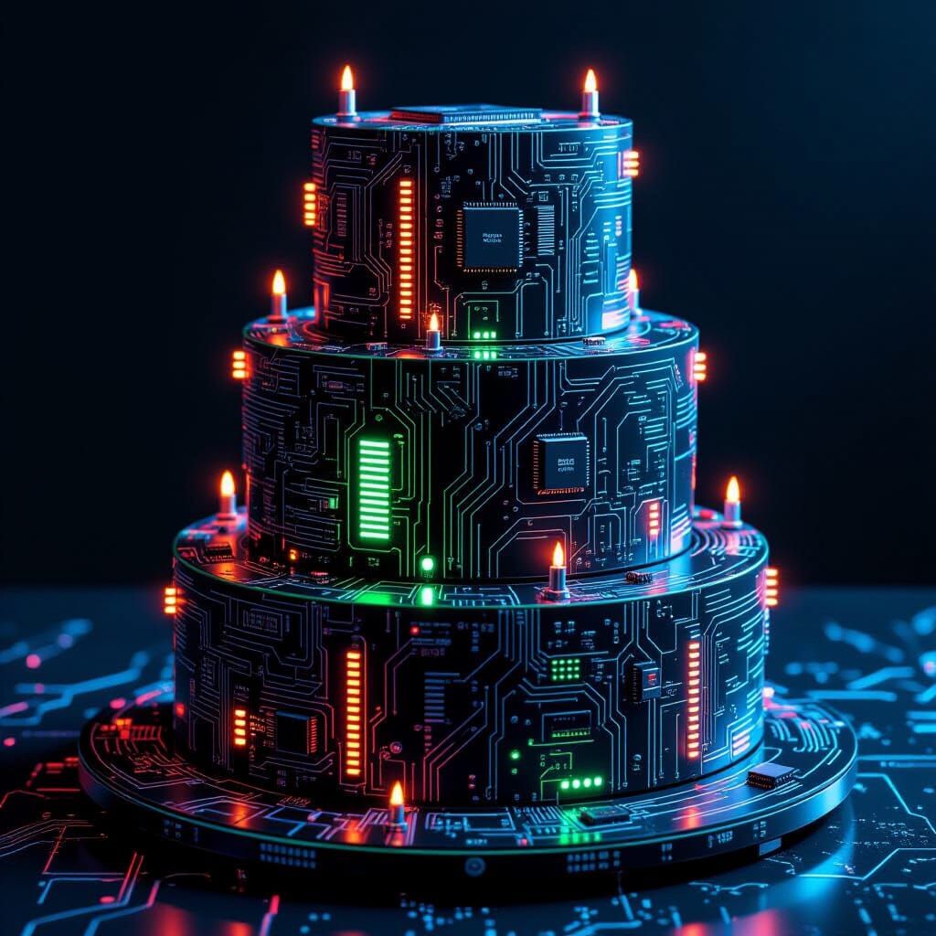 Futuristic Circuit Board Cake in Cyberpunk Style