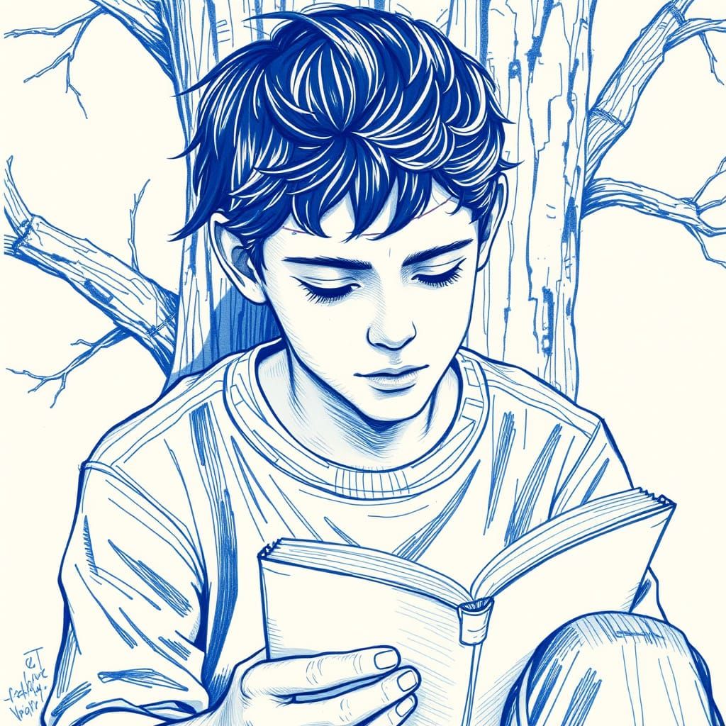 Realistic Blue Ink Portrait of a Teenager in Serene Study