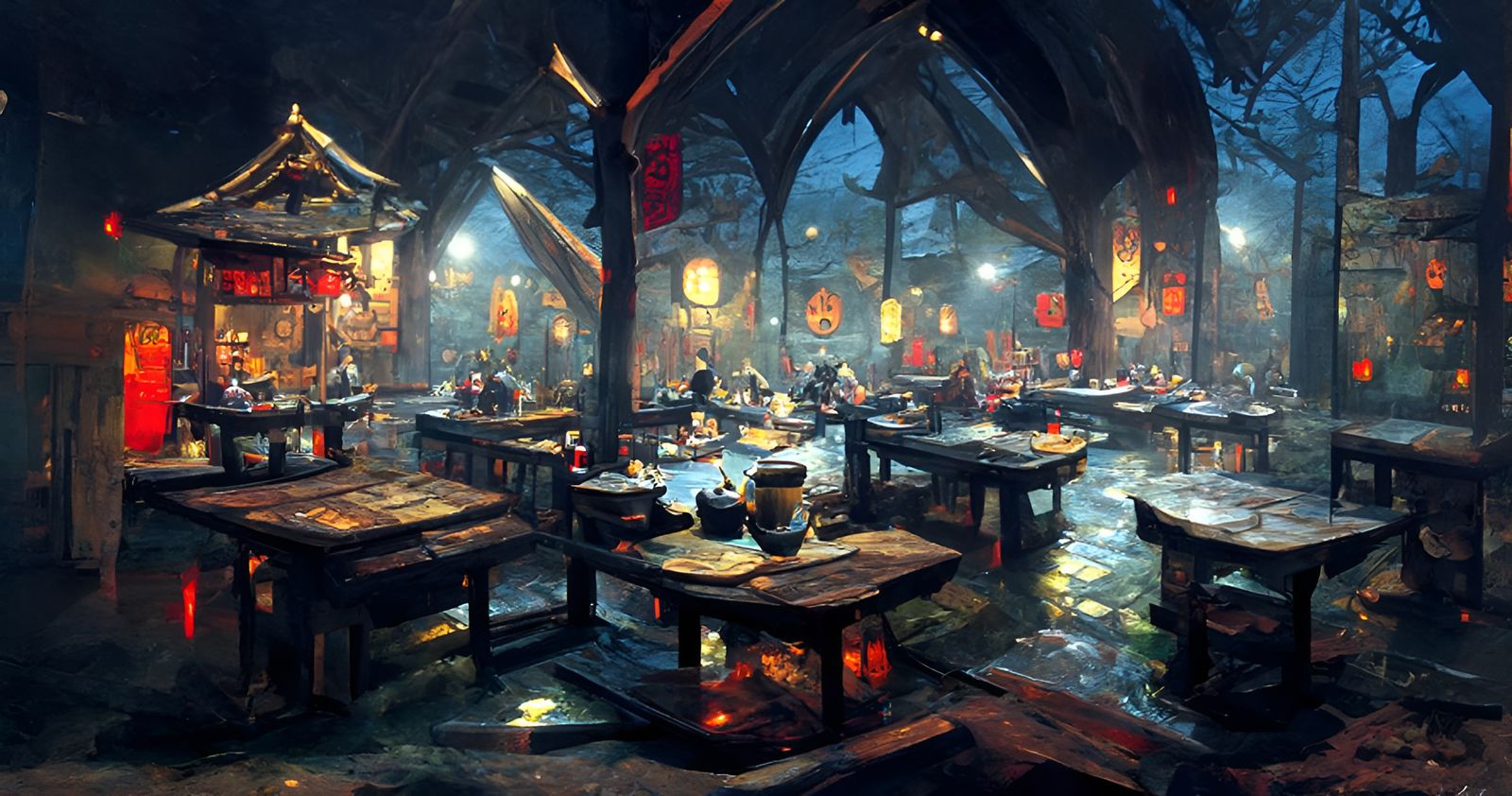 Medieval Japanese Samurai Cafe at Night