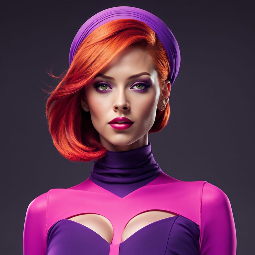 Vibrant Redhead in Futuristic Purple Attire