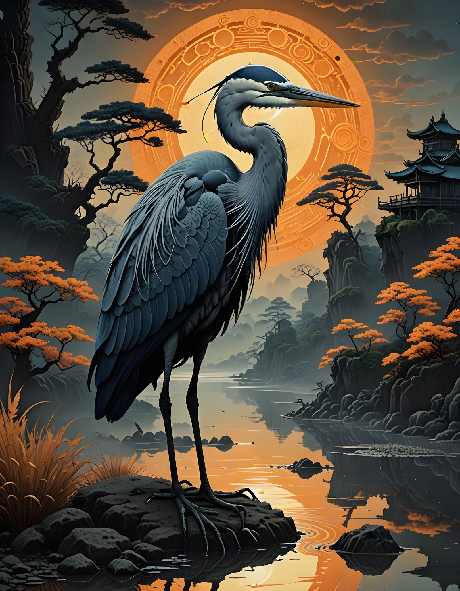 Great Blue Heron in Japanese Ink Scroll, Biopunk Style