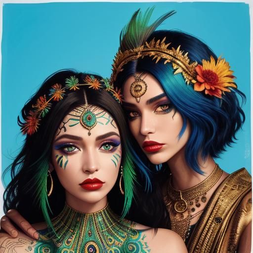 Street Art Portrait of Women with Peacock Feathers