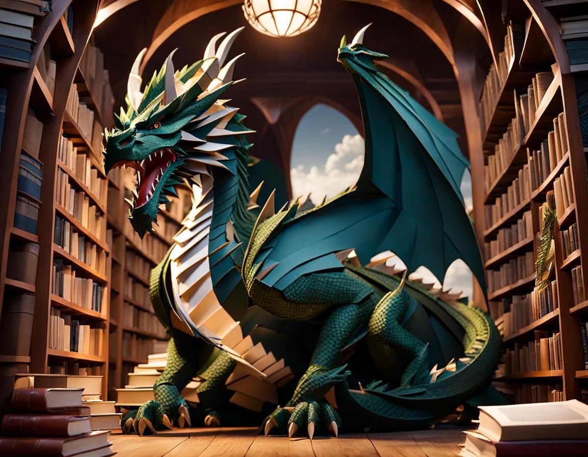 Dragon Made of Books in Library Cave