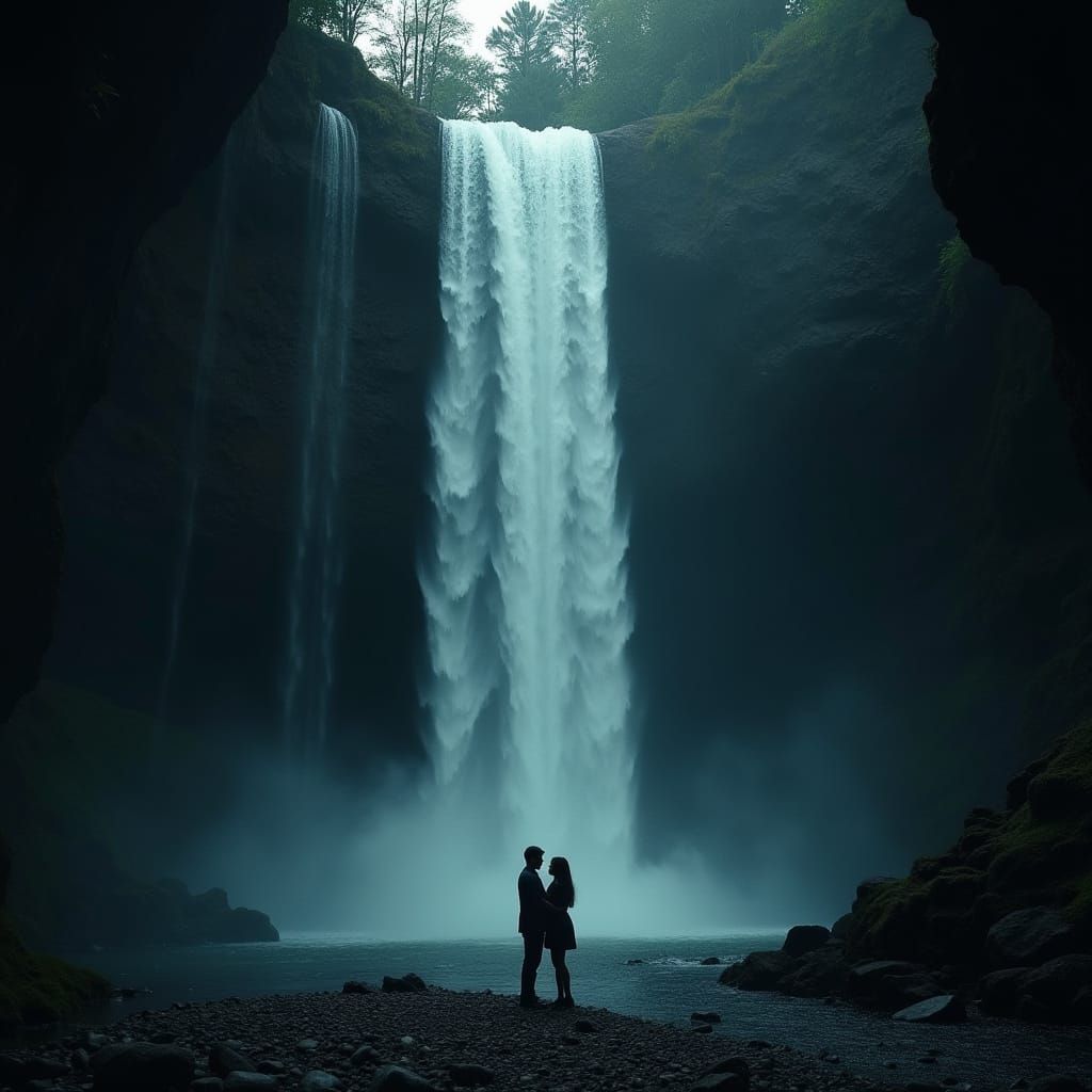 Romantic Waterfall Moment under the Moonlight