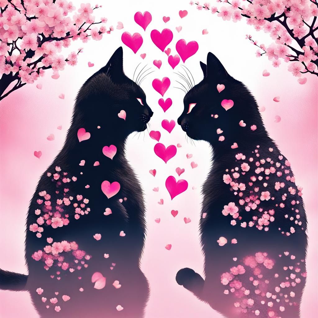 Cats Kissing Silhouette with Hearts and Blossoms