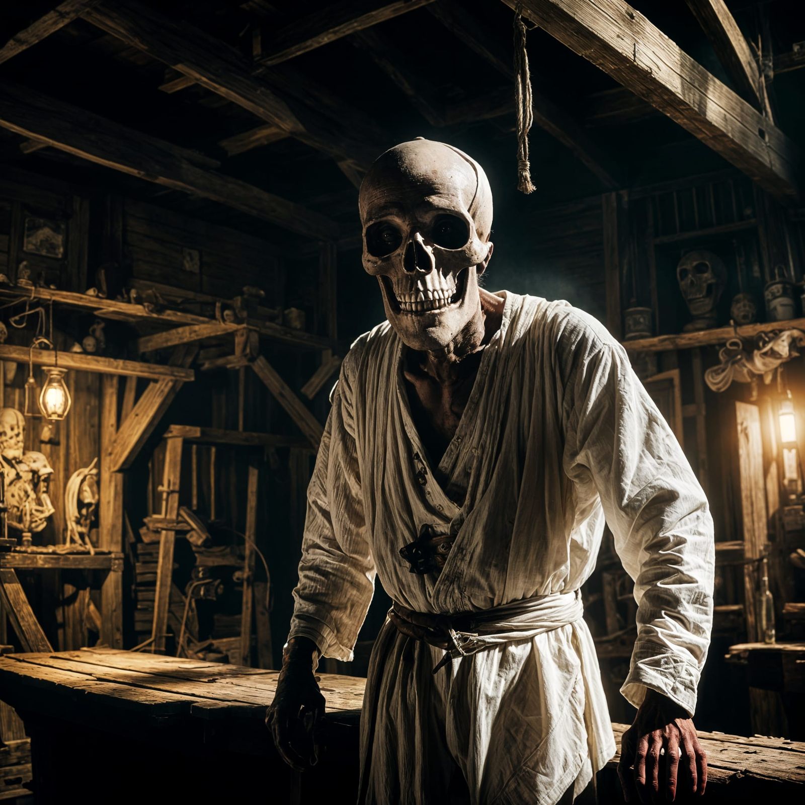 Creepy Skull-Headed Miller in Old Wooden Mill