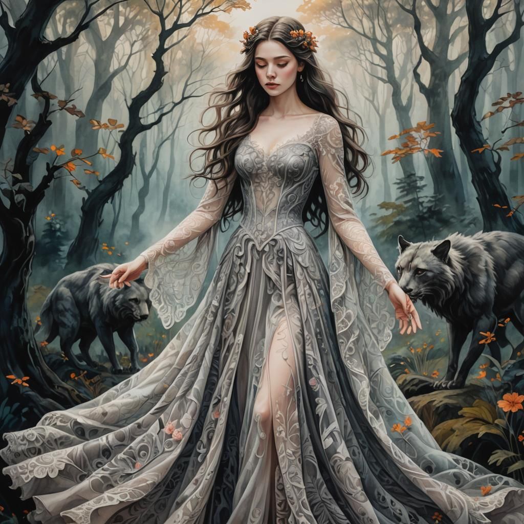 Beauty and the Beast in Mystical Forest Ink Painting