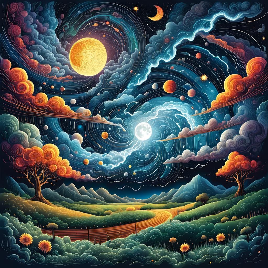 Planetary Storm Over Rural Landscape in Abstract Style