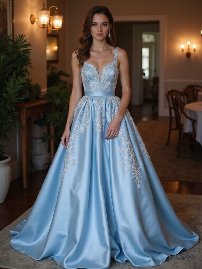 Glamorous Young Woman in Elegant Blue Gown at a Soiree