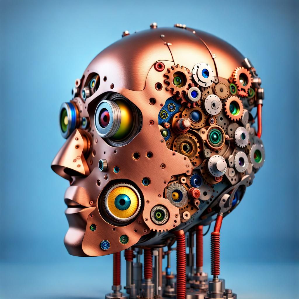 Steampunk Cyborg with Human Eyes in Industrial Setting