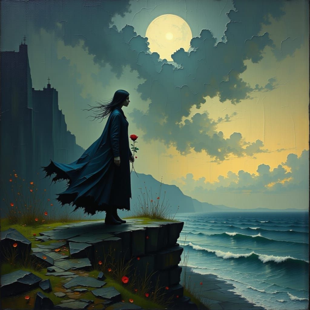 Gothic Woman on Cliff Overlooking Stormy Sea with Rose