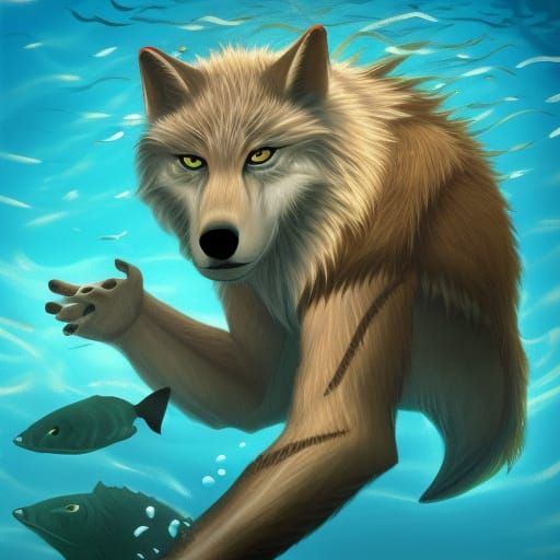 Furry Wolf Man Swimming Underwater in Ocean