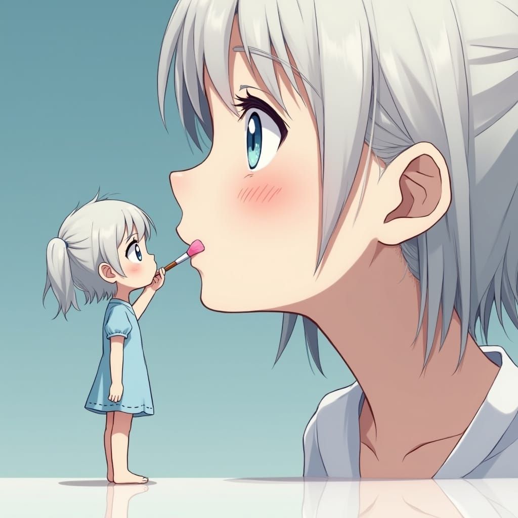 Miniature Girl Paints Giant's Lips in Anime Style