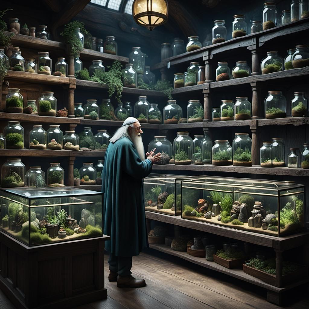 Wizard Holding Terrarium in Medieval Market