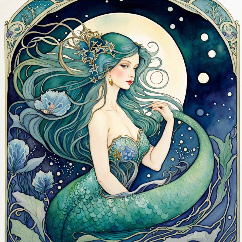 Mermaid, art nouveau, watercolor, beautiful, elegant, moonlight, fantasy