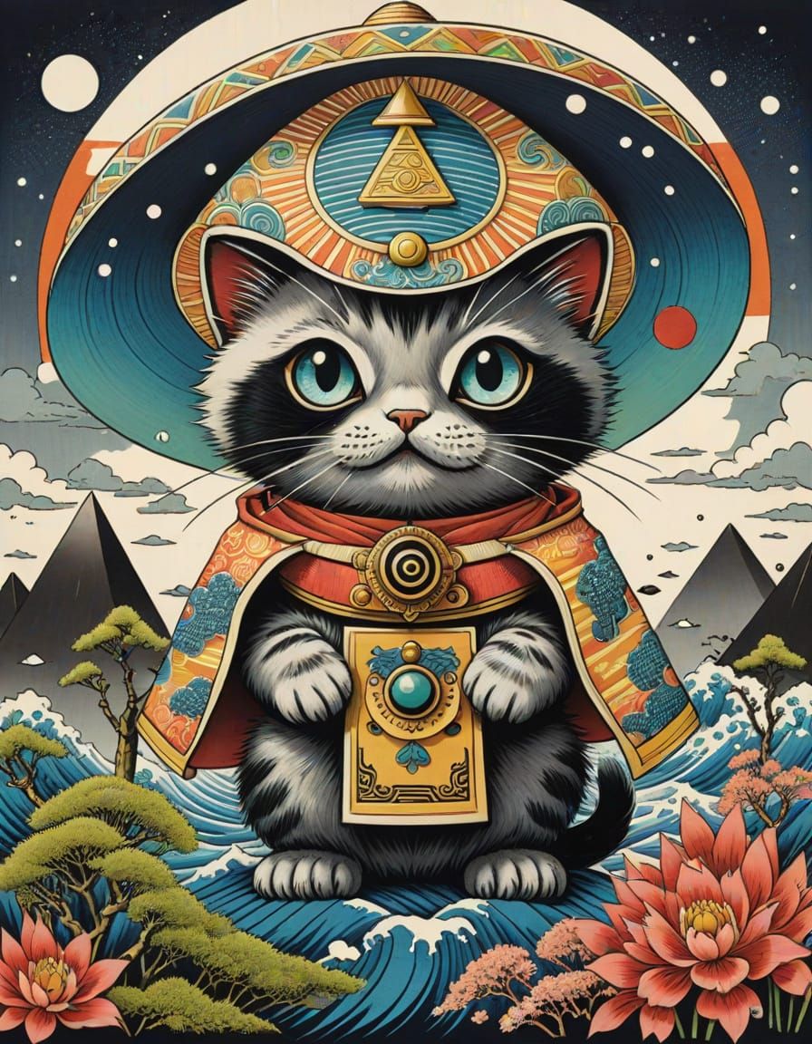 Ukiyo-E Woodcut of a Kawaii Cat Kaiju