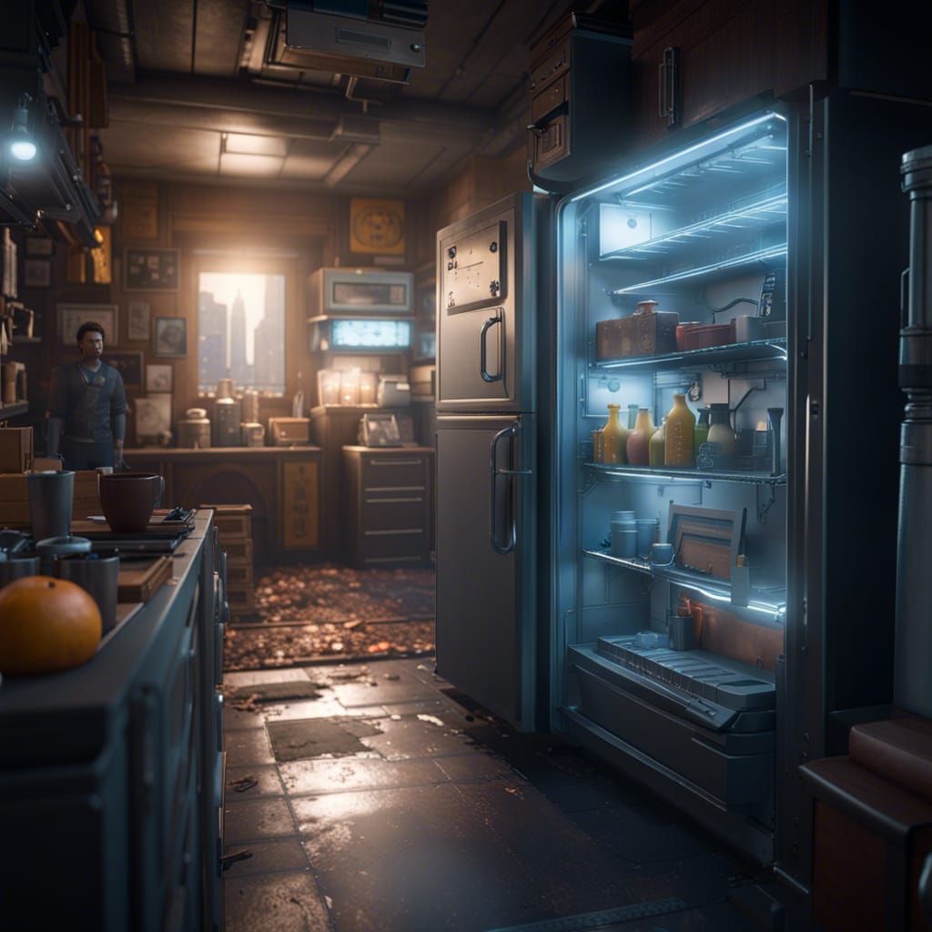 city inside of a refrigerator, 3D Game Cinematic Feel, Epic 3D Videogame Graphics, Intricately Detailed, 8K Resolution, ...