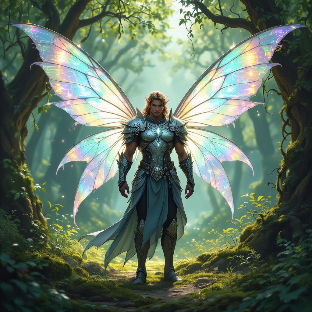 Male Faerie Warrior with Iridescent Wings in Enchanted Fores...