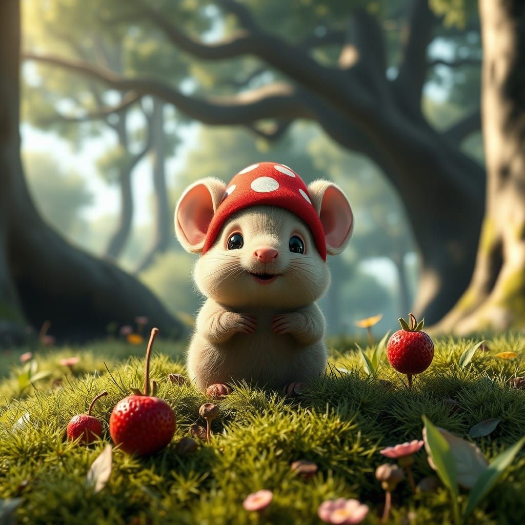 Surreal Rabbit Enjoys Juicy Strawberry in Whimsical Woodland...