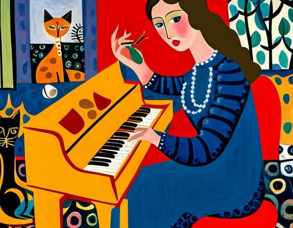Girl Plays Piano for Cats, Surrealist Art