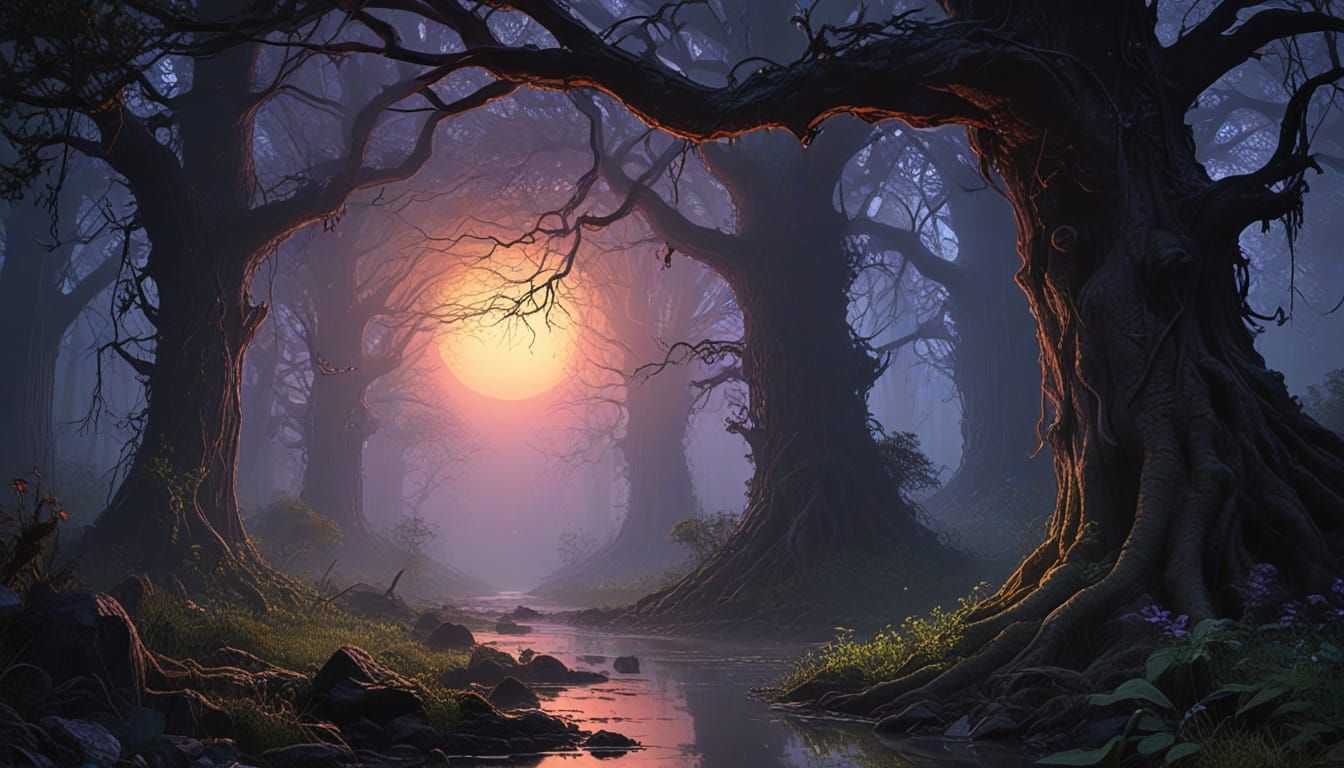 Mystical Forest with Bioluminescent Mushrooms in Cosmic Goth...