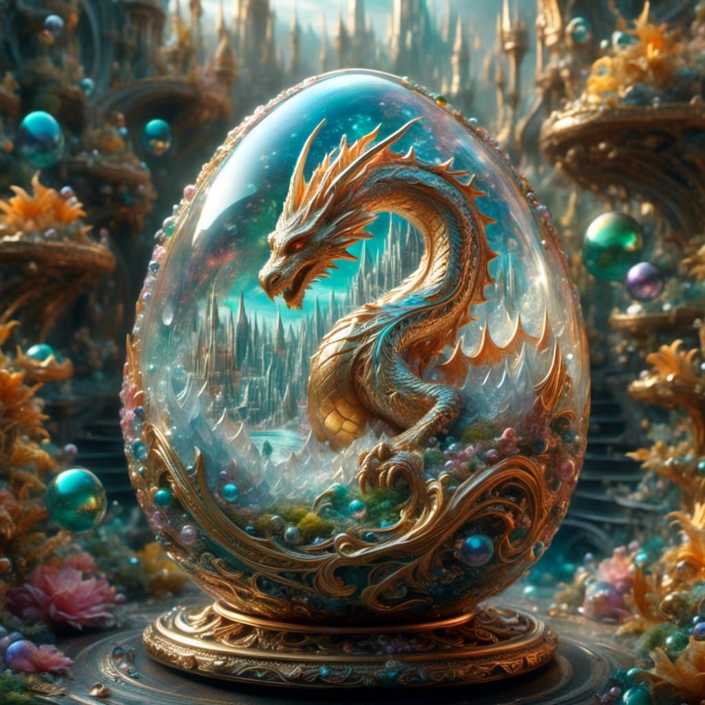 filigree egg with a dragon inside, detailed and designed, bu...
