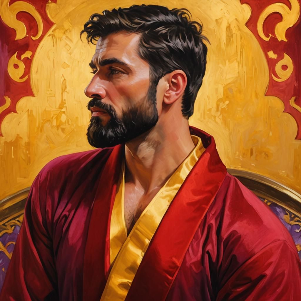 Bearded Man in Velvet Robes: Impressionist Oil Painting