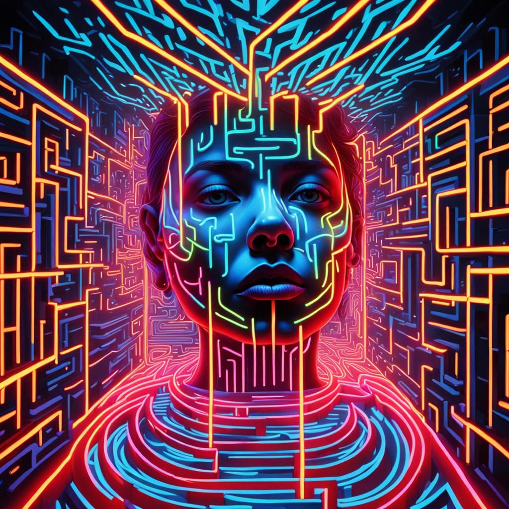 Infinite Neon Maze: A Mixed Media Masterpiece