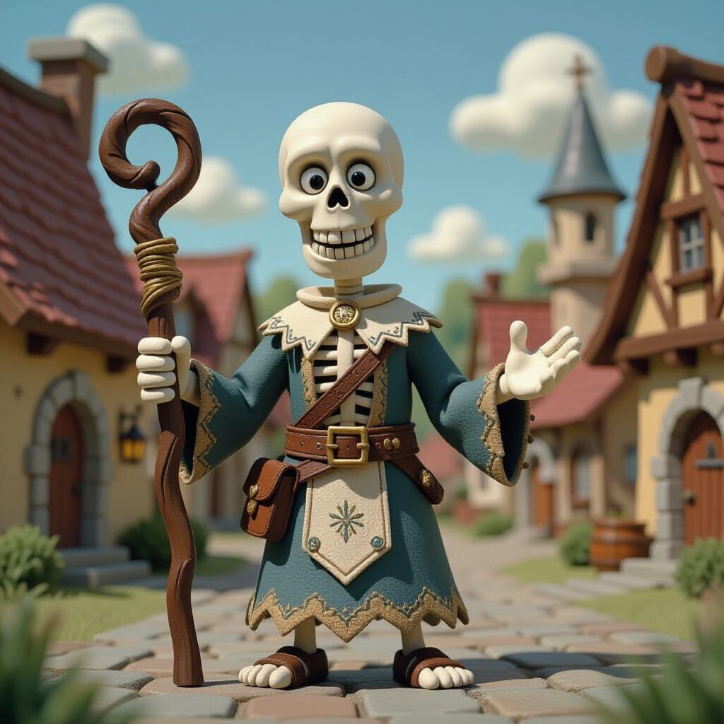 Claymation Skeleton Cleric in Medieval Village