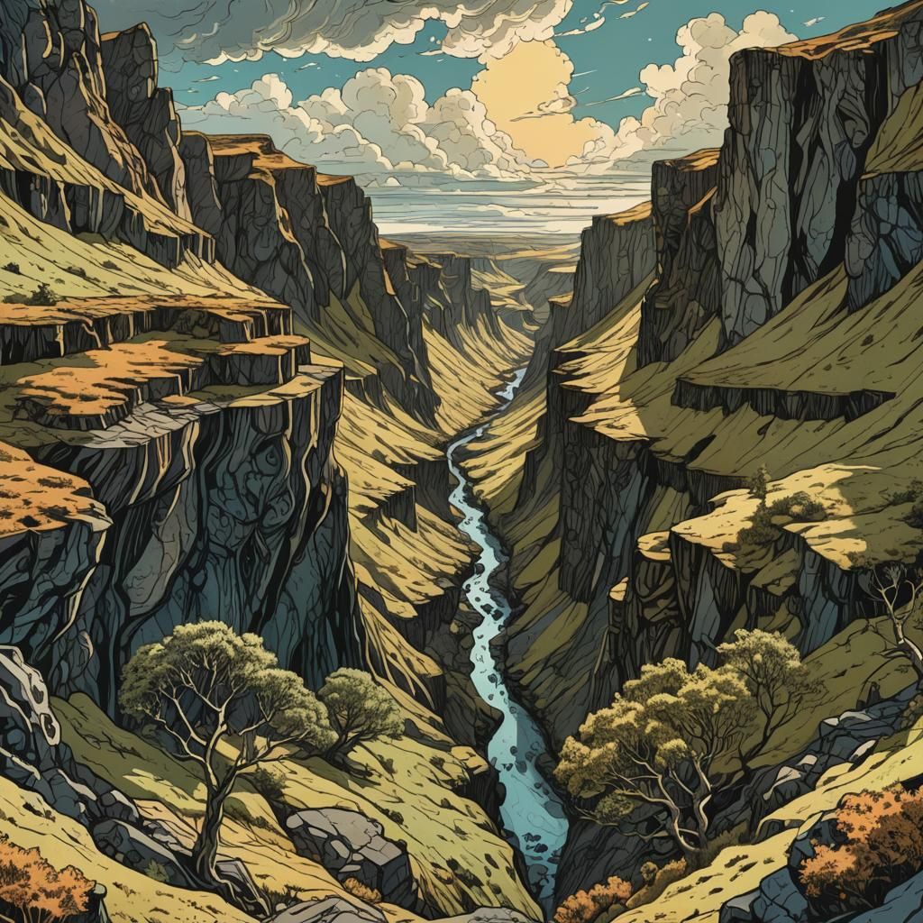Steep Canyon Landscape in Retro Dungeons and Dragons Style