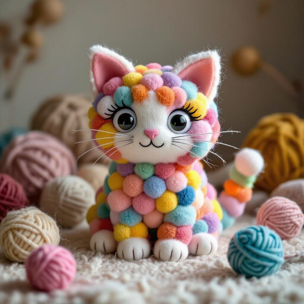 Playful Pom Pom Cat Sculpture in Studio Lighting