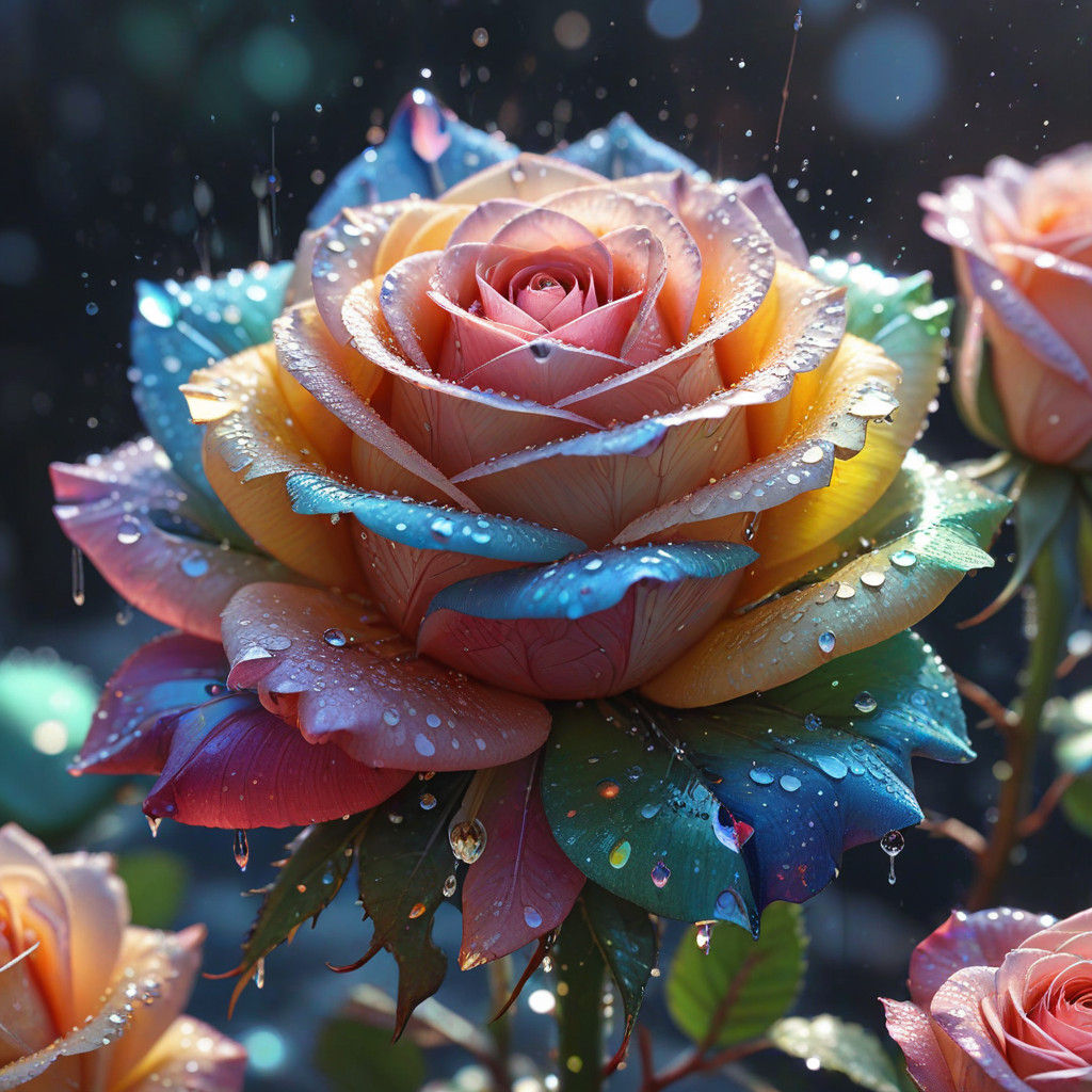Vibrant Anime-Style Rainbow Rose in Macro Close-Up