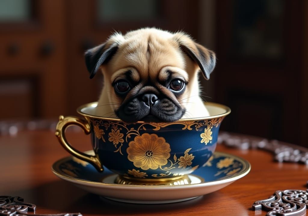 Baby Pug in Teacup: Photorealistic Dutch Master Style