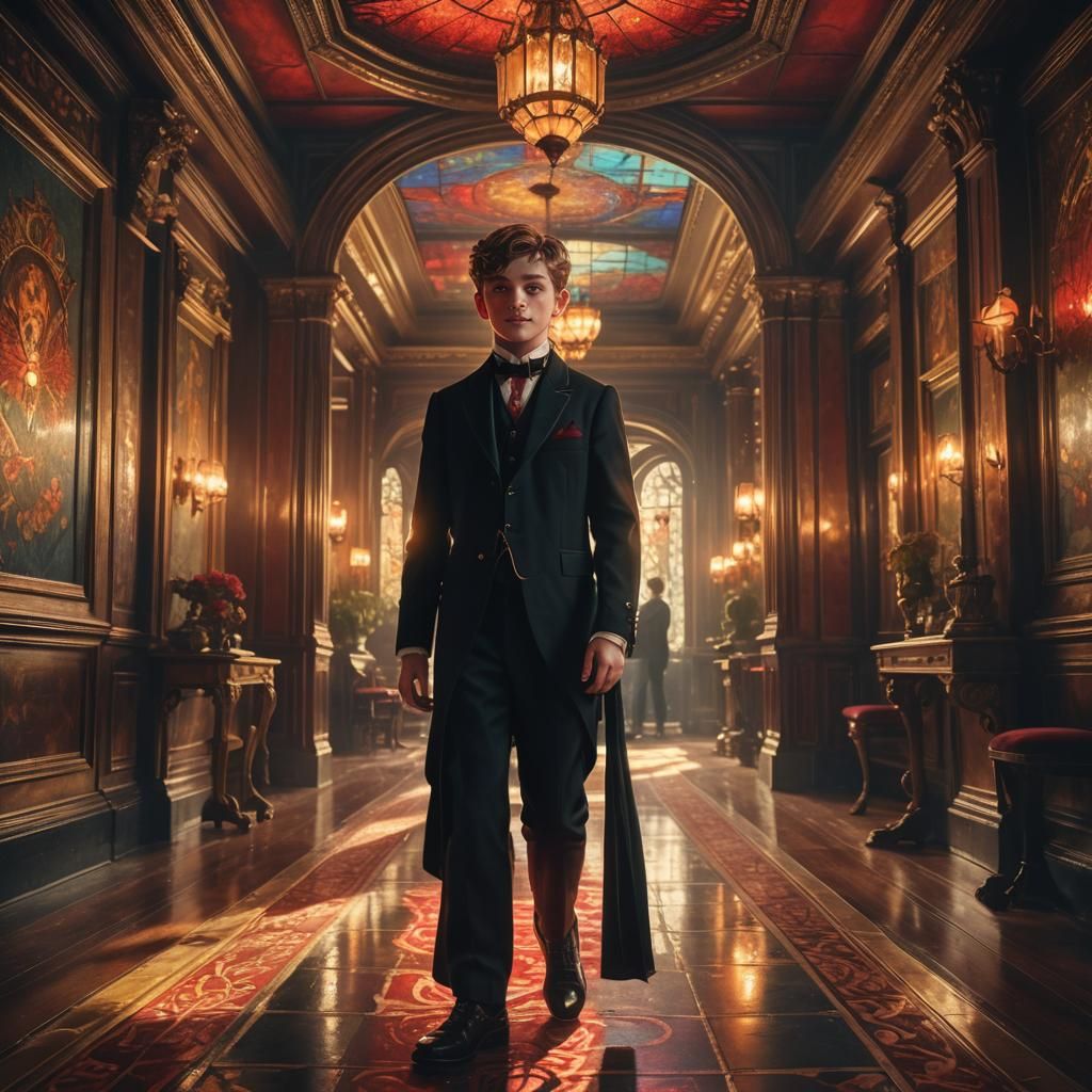 Butler Boy with Red Eyes in Victorian Mansion