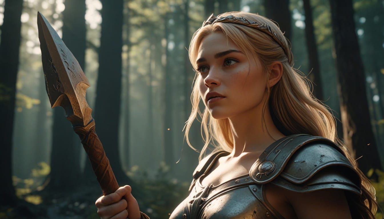 Cinematic Cartoon Princess Admires Golden Axe in Mystical Fo...