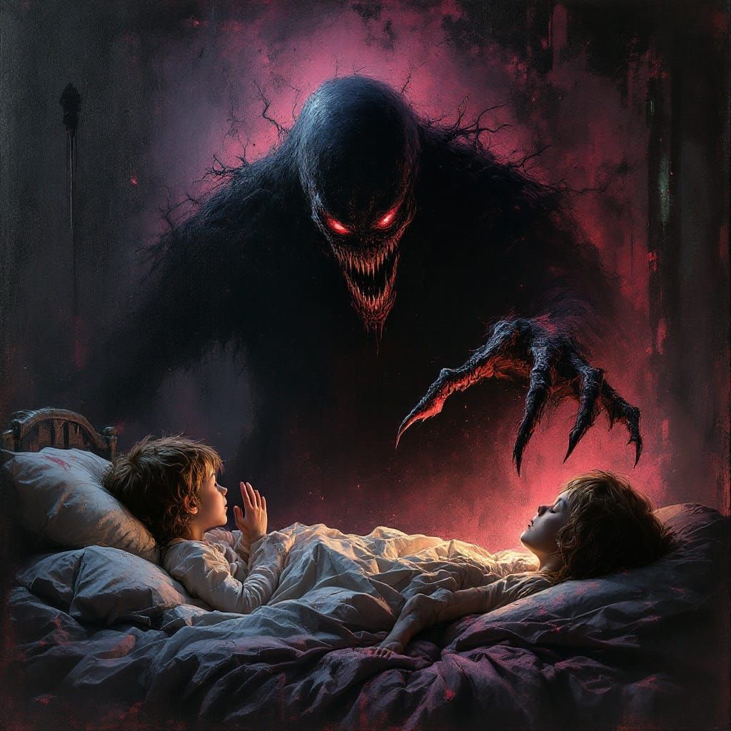 Ethereal Nightmare Haunts Slumbering Children in Dark, Gritt...