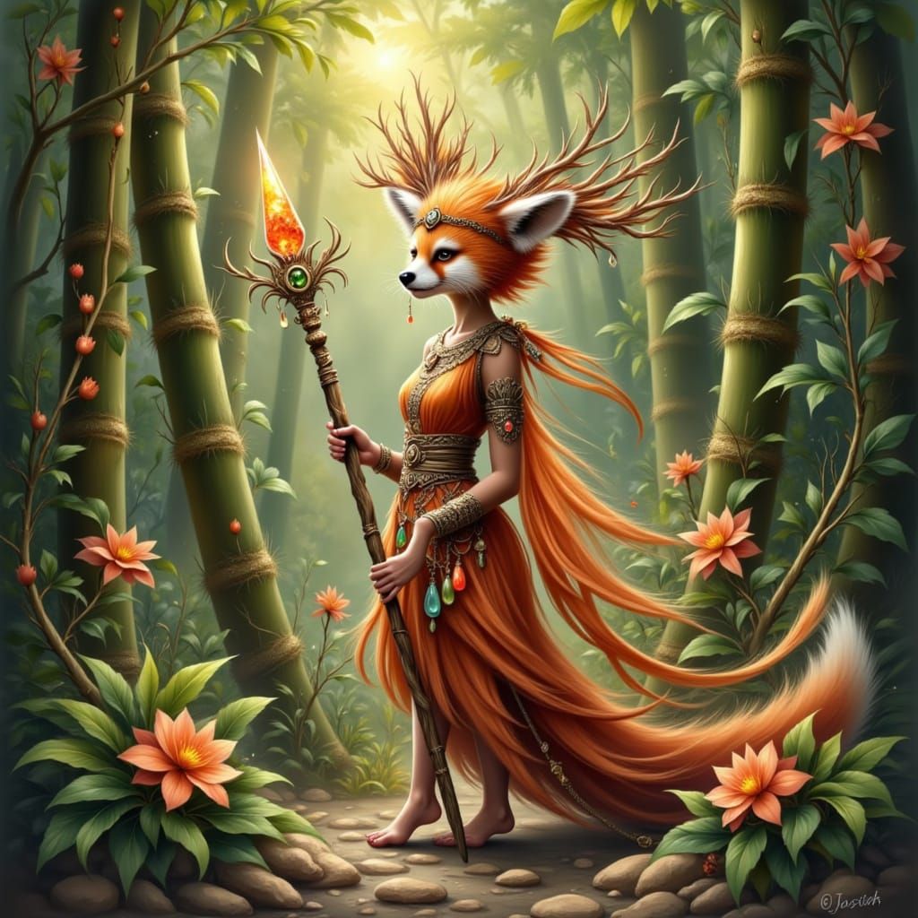 Red Panda Druid in Bamboo Forest with Sunstone Headdress
