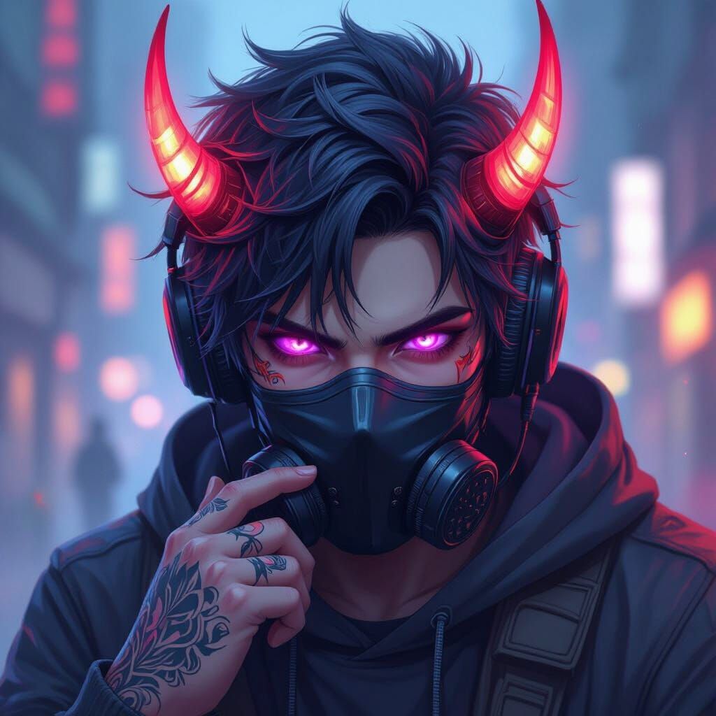 Gamer with Glowing Horns and Inked Arms, Anime Realistic Sty...