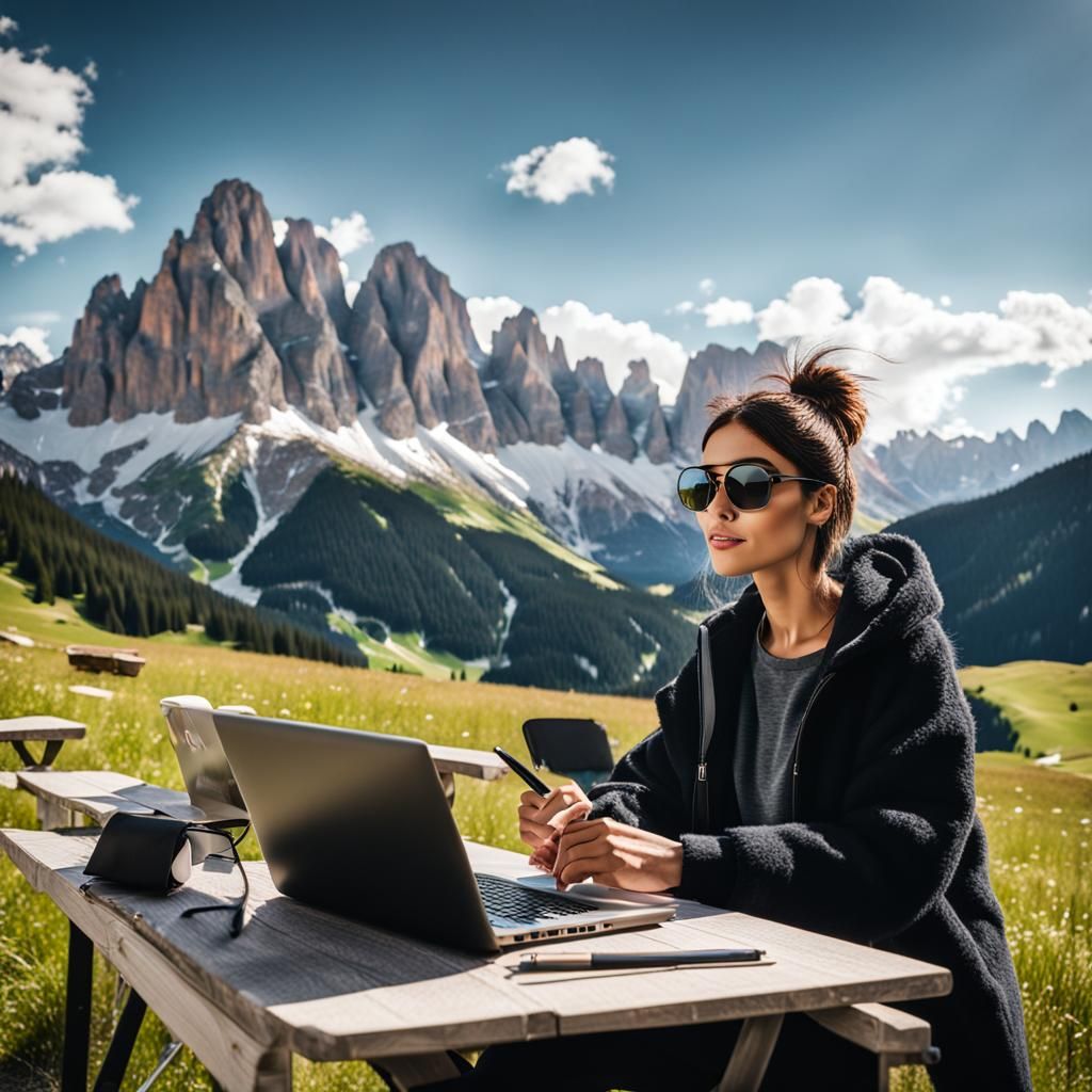 Woman Working Outdoors in Dolomites Landscape