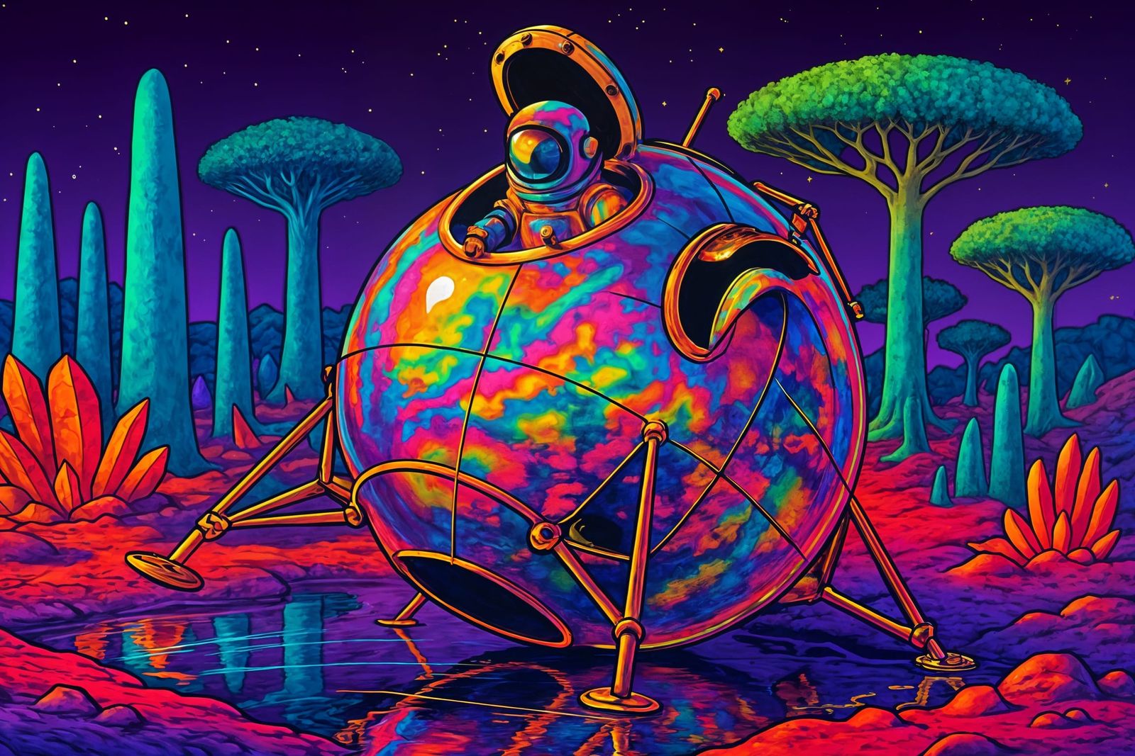 Retro Astronaut Views Alien World from Lunar Lander