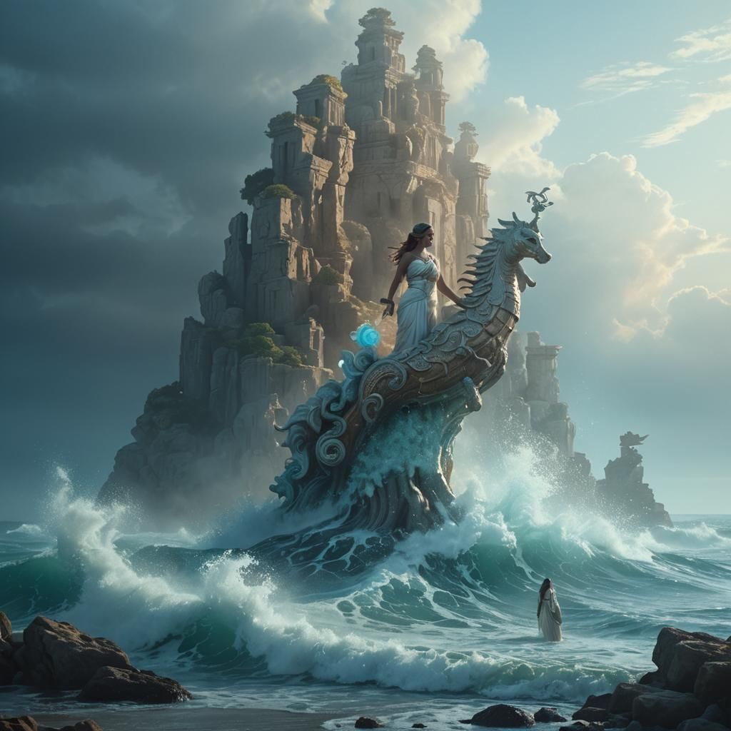 Greek Goddess with Glowing Seahorse in Mythic Realism